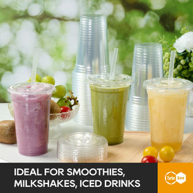Turbo Bee cups with splash-back edge and straw for easy sipping.
