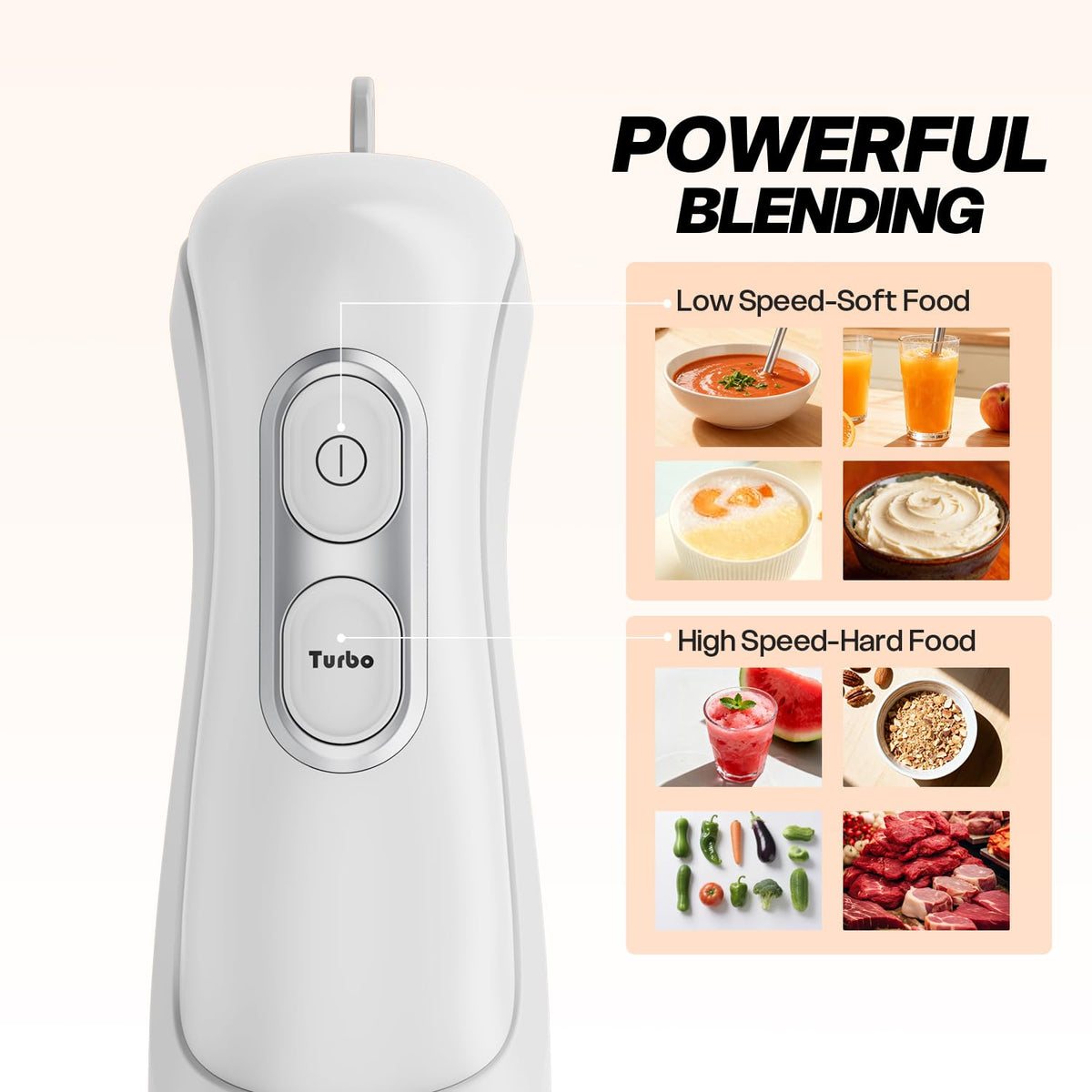 Turelar handheld blender offering two speeds for versatile textures