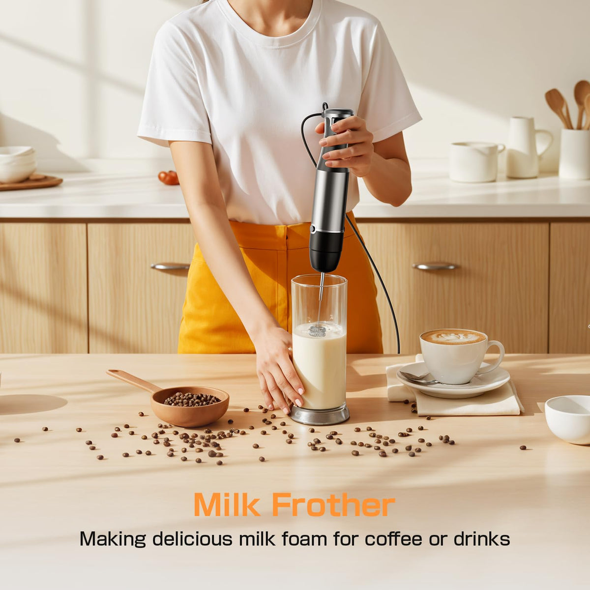 Turelar Immersion Blender 3-in-1 attachments swap quickly for blending, frothing, and whisking.