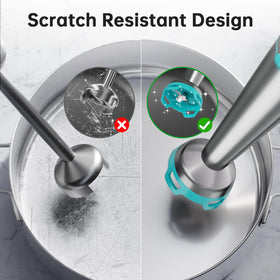 Blade guard reduces suction and protects cookware during blending.