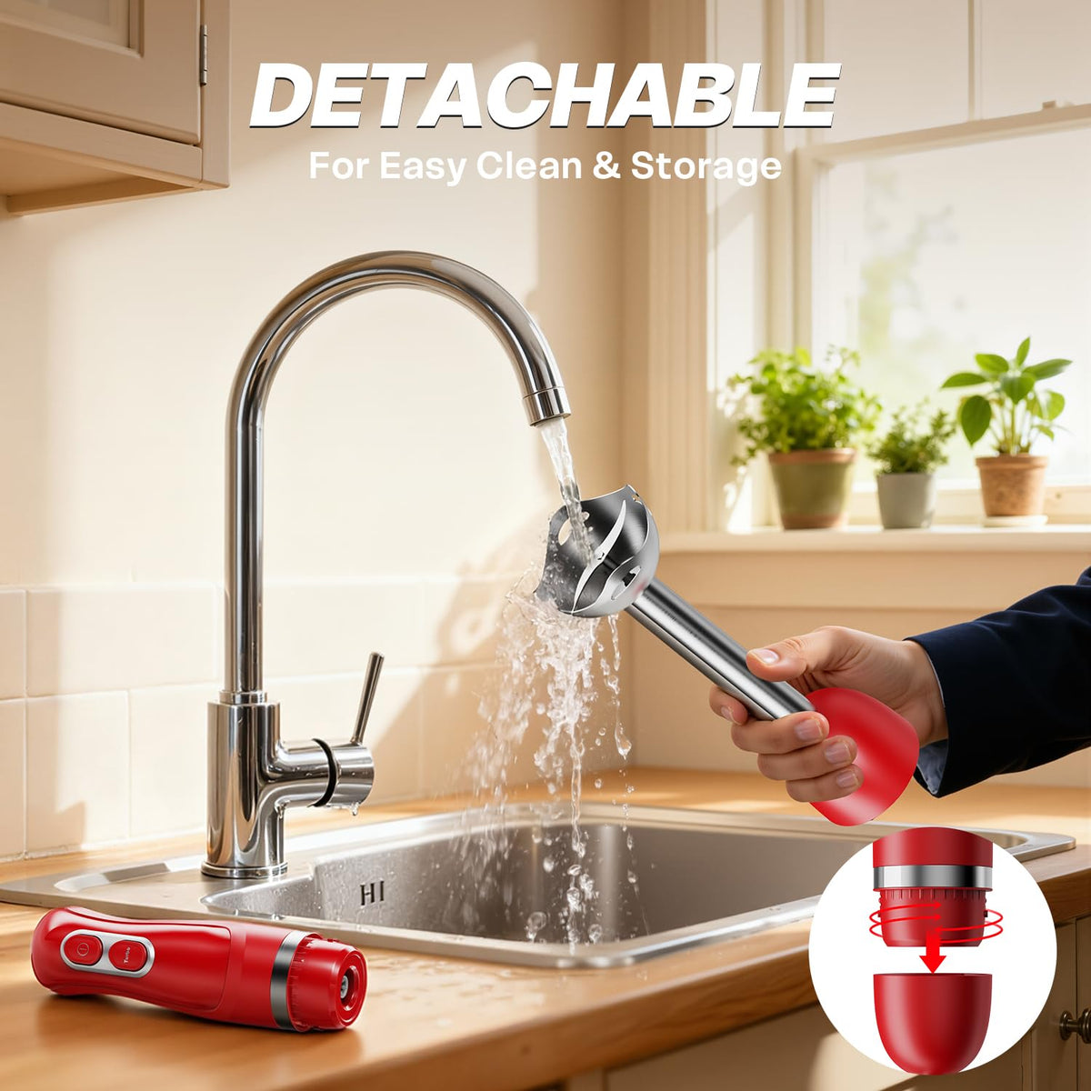 Turelar immersion blender has a long shaft for deep pots and jars.
