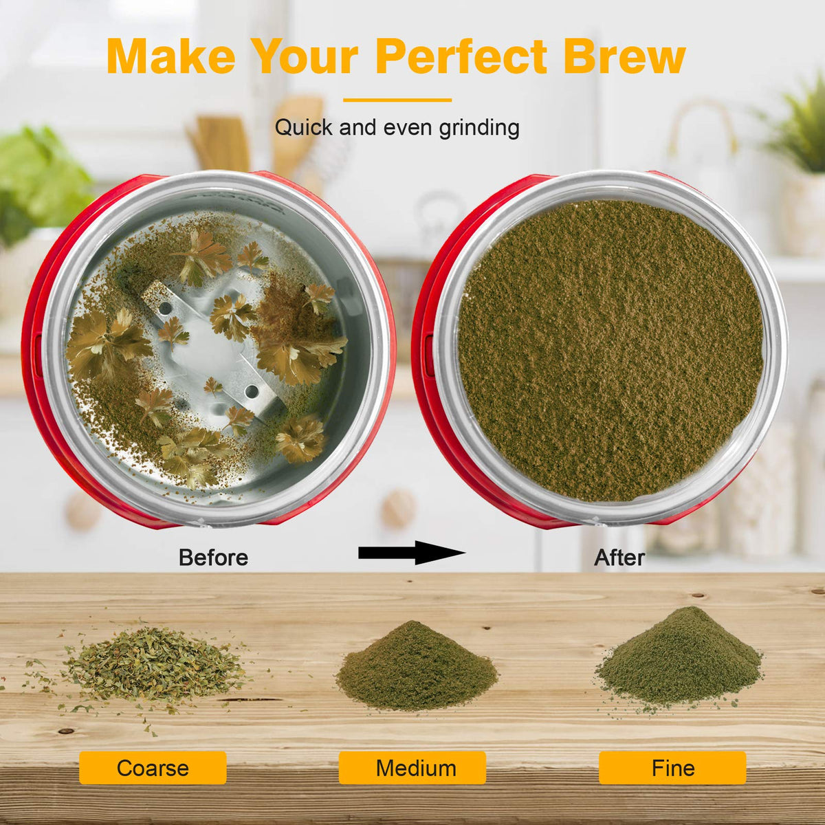 Turimon coffee bean milling action captures quick results in 3–12 seconds.