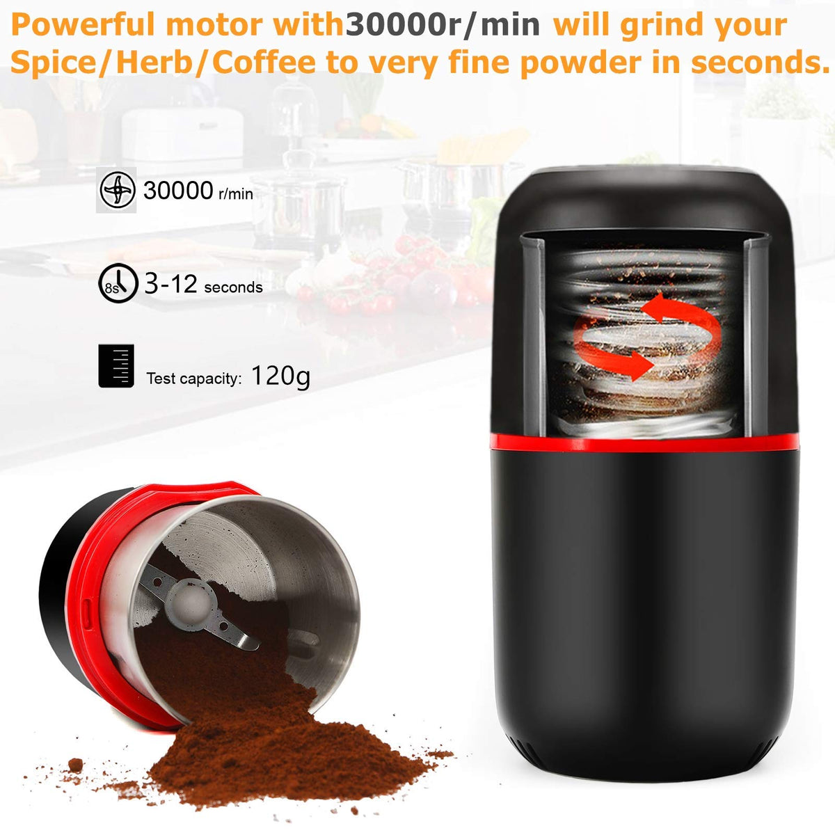 Turimon electric herb grinder interior view highlights stainless steel cup for smooth grinding.