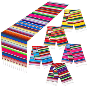 TURNMEON five-pack serape table runners laid out with vibrant multicolor stripes for parties.