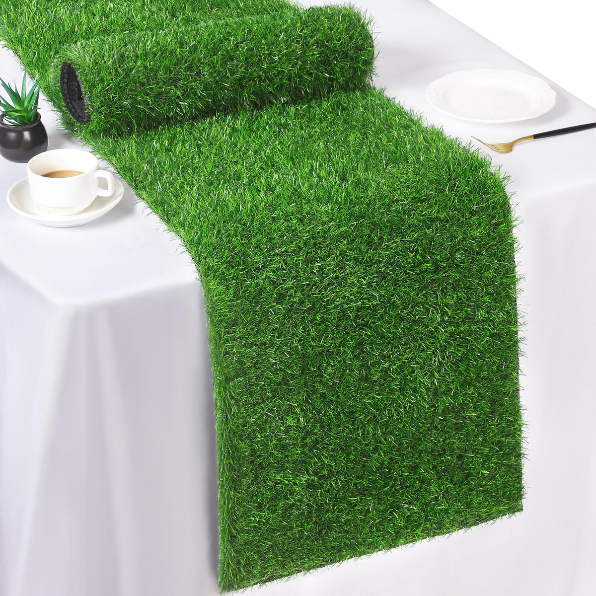 TURSTIN artificial grass table runner close-up showing lifelike texture for natural-looking decor.