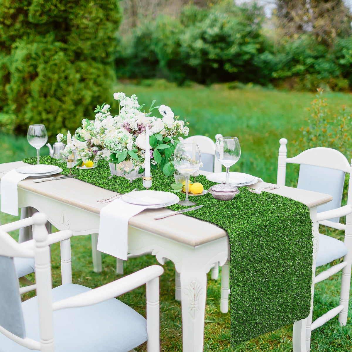 TURSTIN dessert table decor with lush grass runner for festive events.
