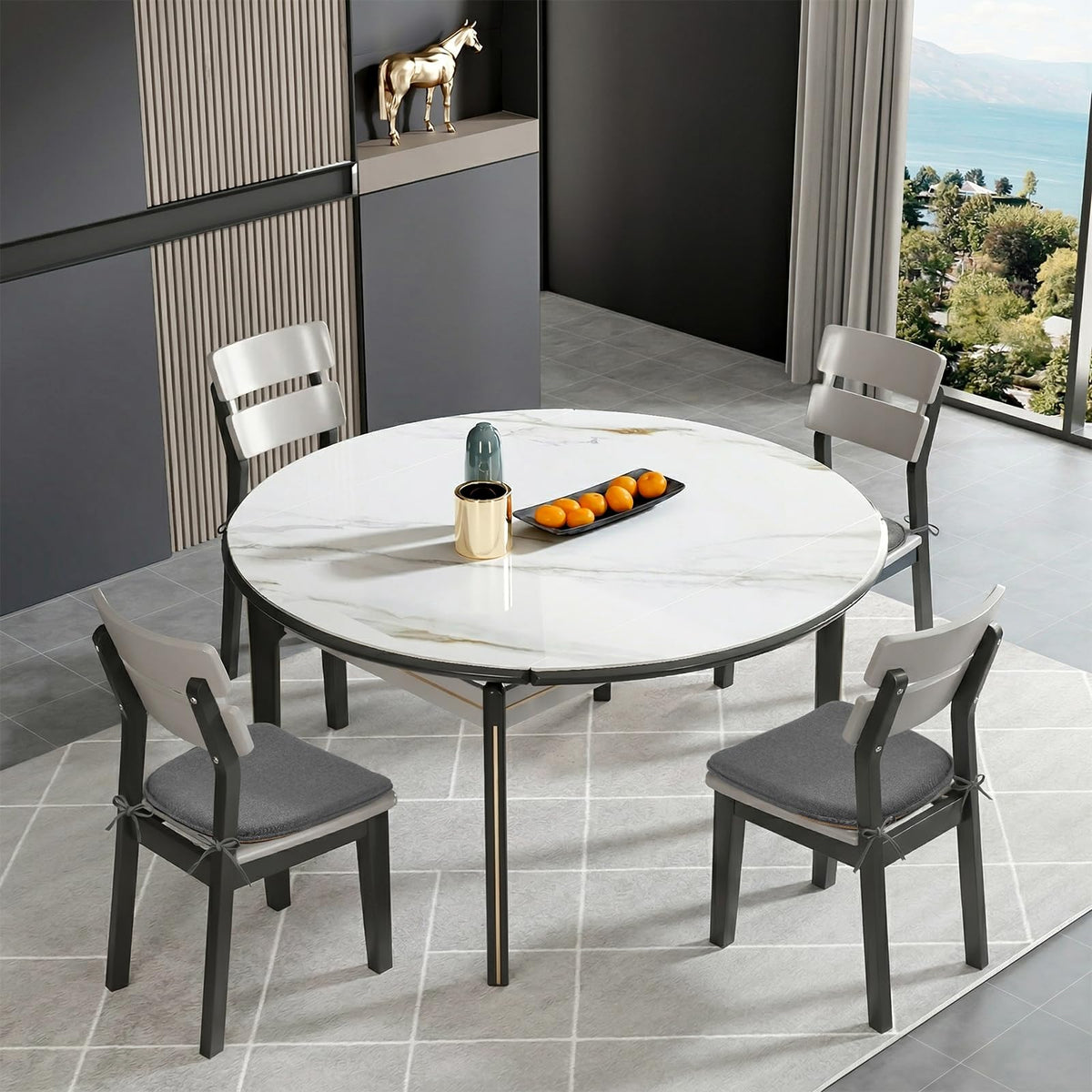 TushGuard dining chair use shows a grey set enhancing kitchen seating