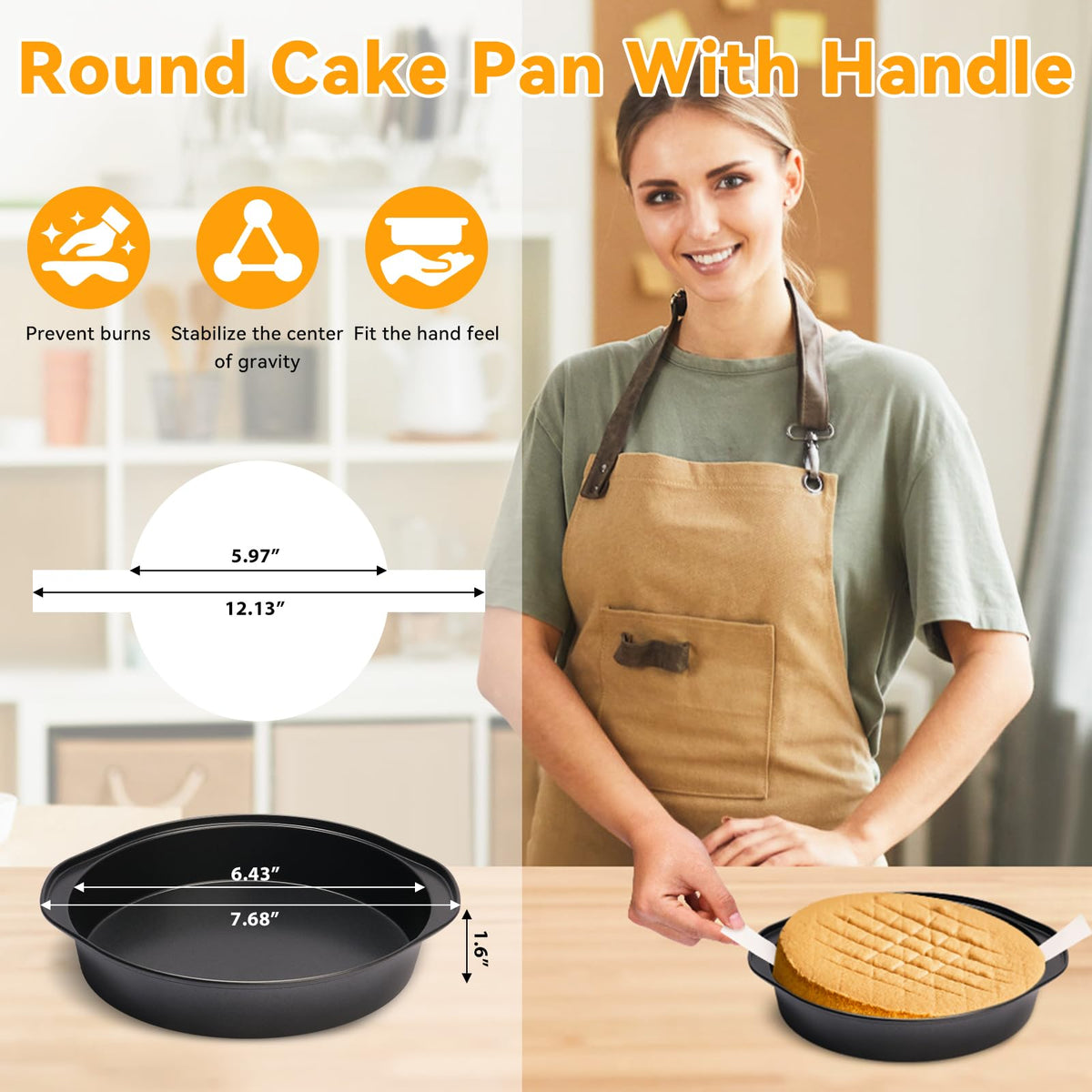 Tutikuki 6-inch cake pans handle close-up, ergonomic grip for stable removal.