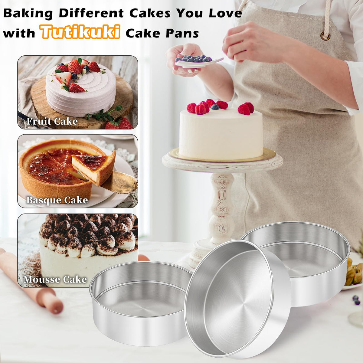 tutikuki 8-inch cake pan in oven delivers even heat for uniform layers