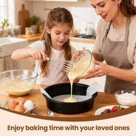 Tutikuki 9-inch pans depicted as dishwasher-safe for easy cleanup.