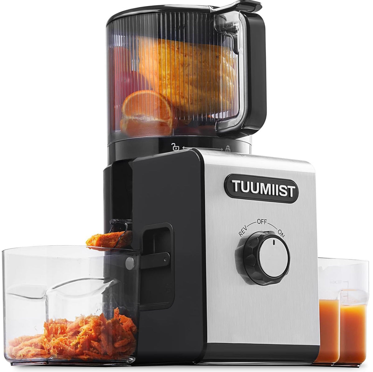 TUUMIIST cold press juicer showing 6.5-inch chute for whole fruits, perfect for quick prep