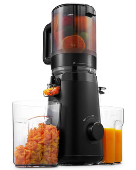 TUUMIIST juicer front view in black highlighting space-saving compact design.