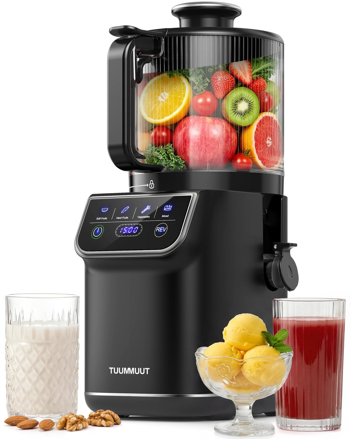 TUUMIIST 3-in-1 juicer with wide 6.5-inch chute for quick whole-fruit prep.