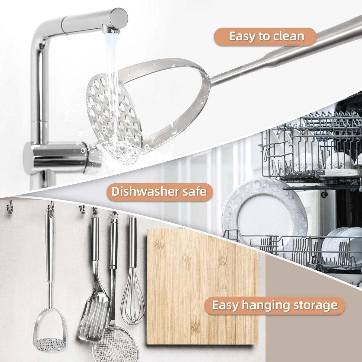 Tuyotue hanging-hole storage masher keeps your kitchen tidy after cooking.