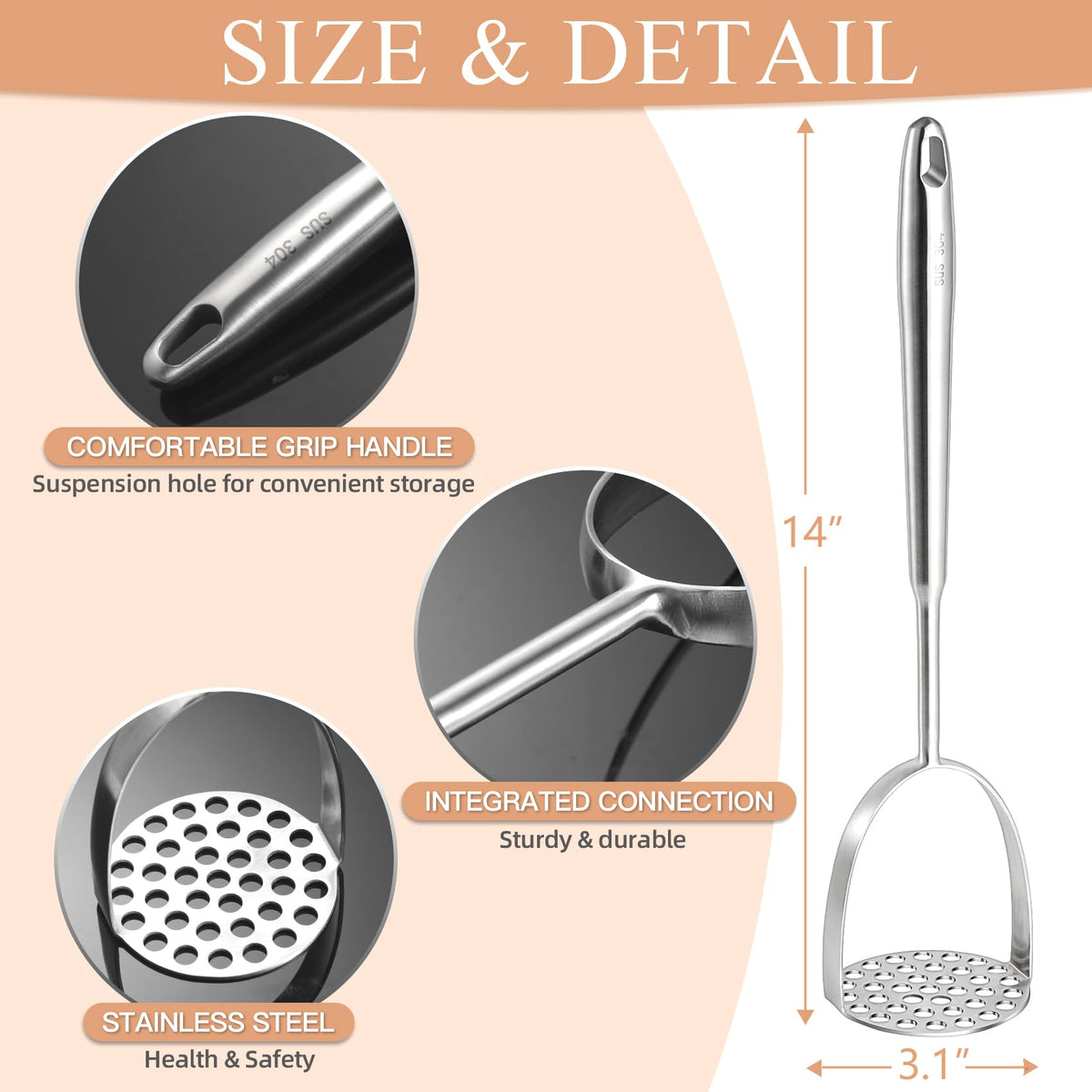 Tuyotue stainless steel masher base provides stability for quick mashing.