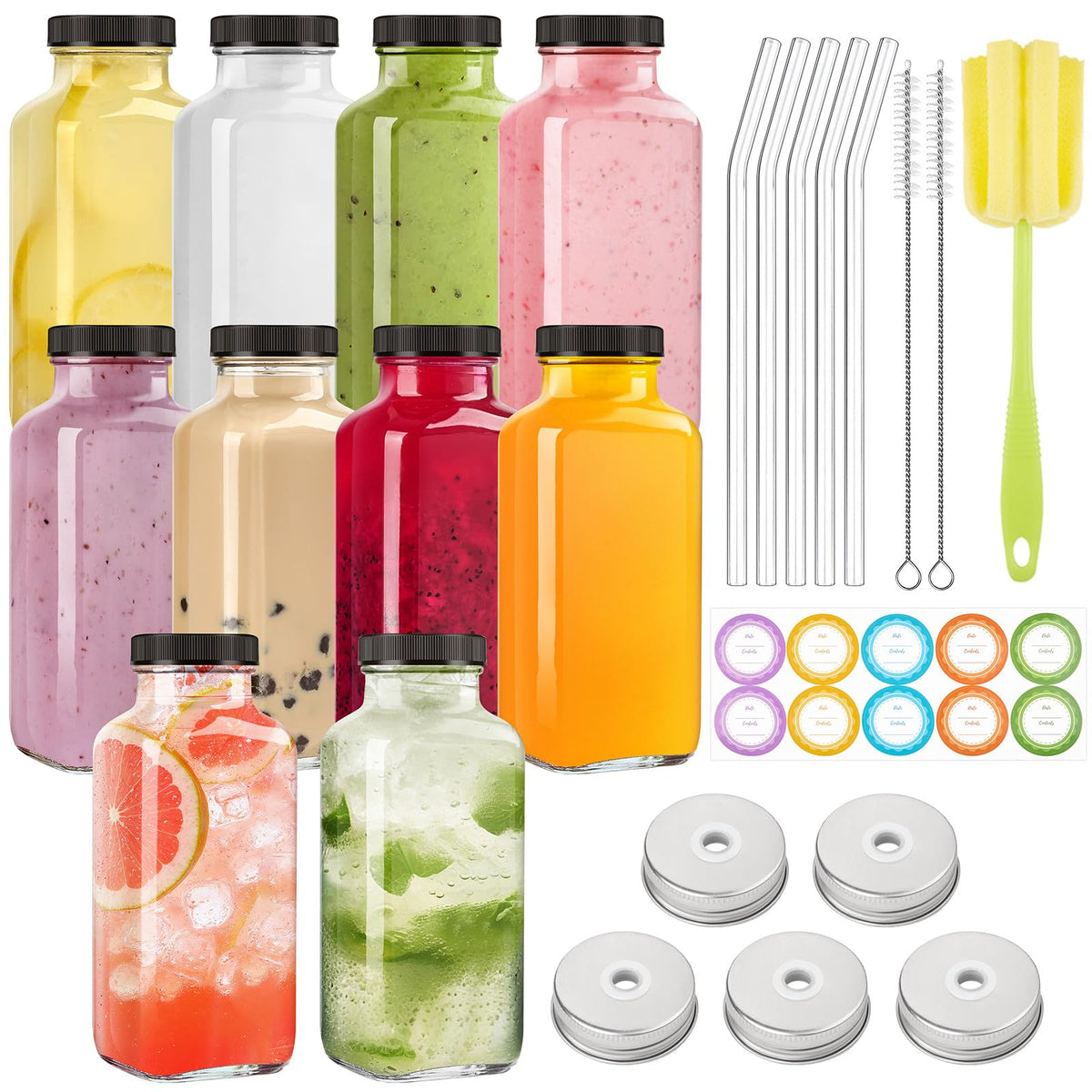 TUZAZO 12oz glass bottles with lids for juices and smoothies