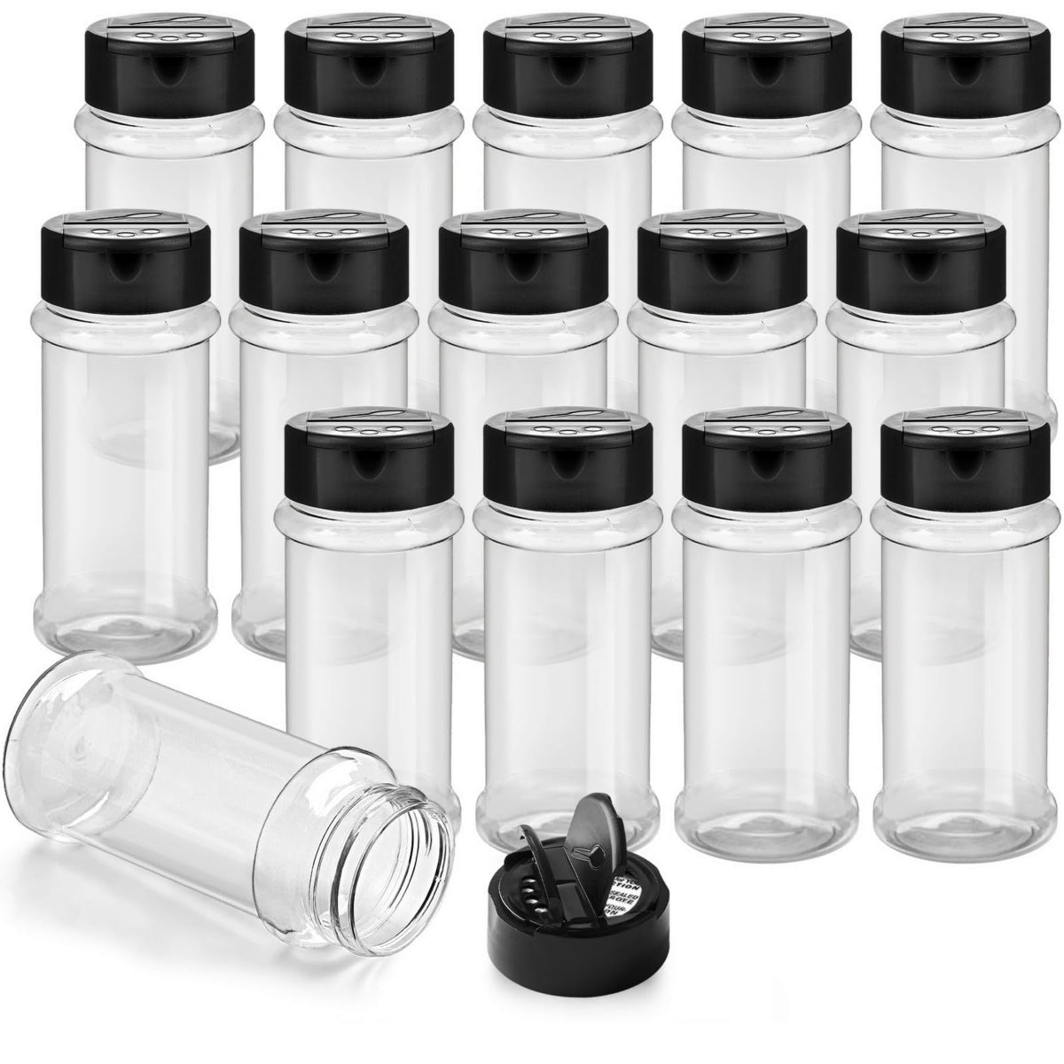 TUZAZO 14-piece spice bottle set with shaker lids for organized pantry use.