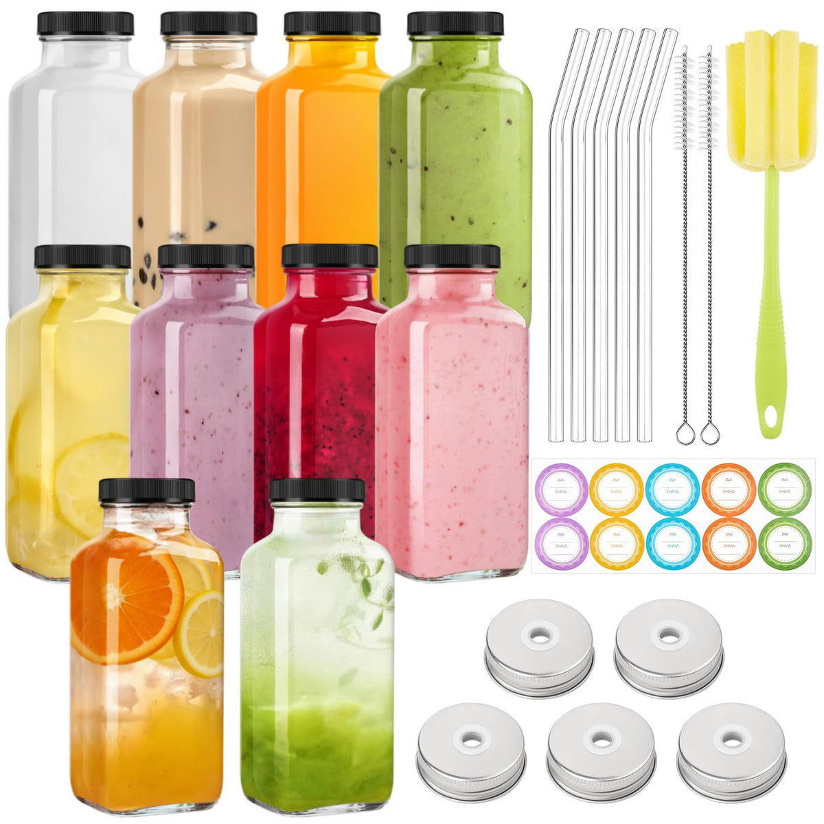 TUZAZO 8oz glass juice bottle with lid shows airtight seal for fresh juice on the go.