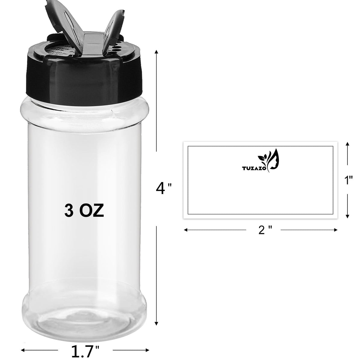 TUZAZO clear 3 oz spice jars for easy visibility of contents.