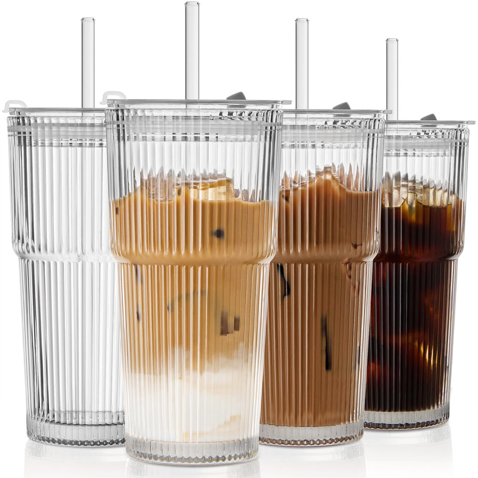 TUZAZO ribbed glass tumbler 20oz with anti-slip grip for mess-free sipping.