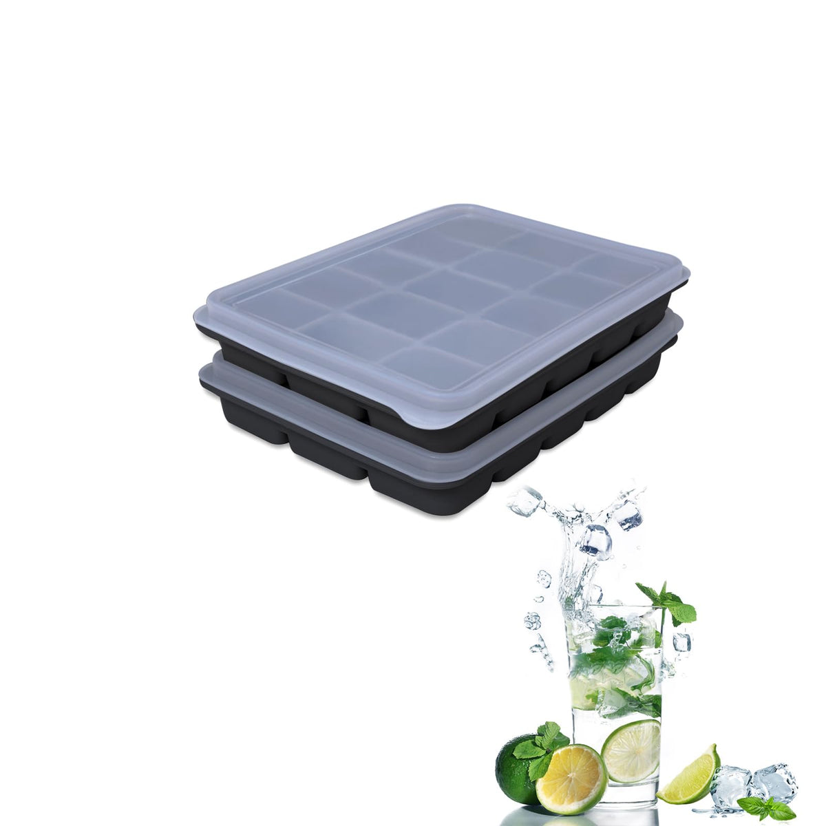 Tvmania two-set silicone ice cube trays with lids for freshness.