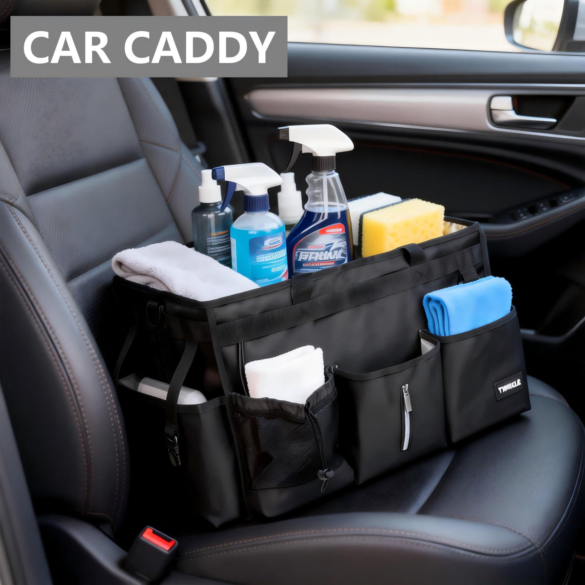 TWINDLE caddy interior with center buckle reduces tipping during transport.