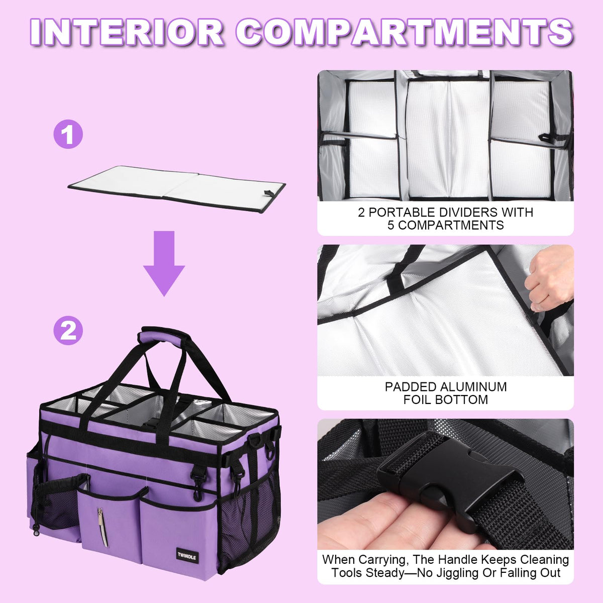 Twindle cleaning caddy front pockets organize IDs, cards, and phone for quick access.