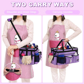 Twindle cleaning caddy shoulder strap and waist belt enable hands-free carrying.