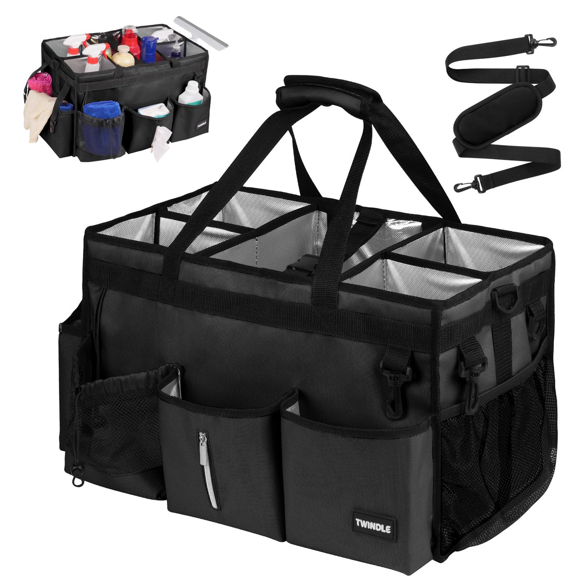 TWINDLE extra-large cleaning caddy bag with built-in support board for stable carrying.