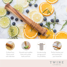Twine Acacia Mojito Muddler with jute pouch demonstrates convenient storage.