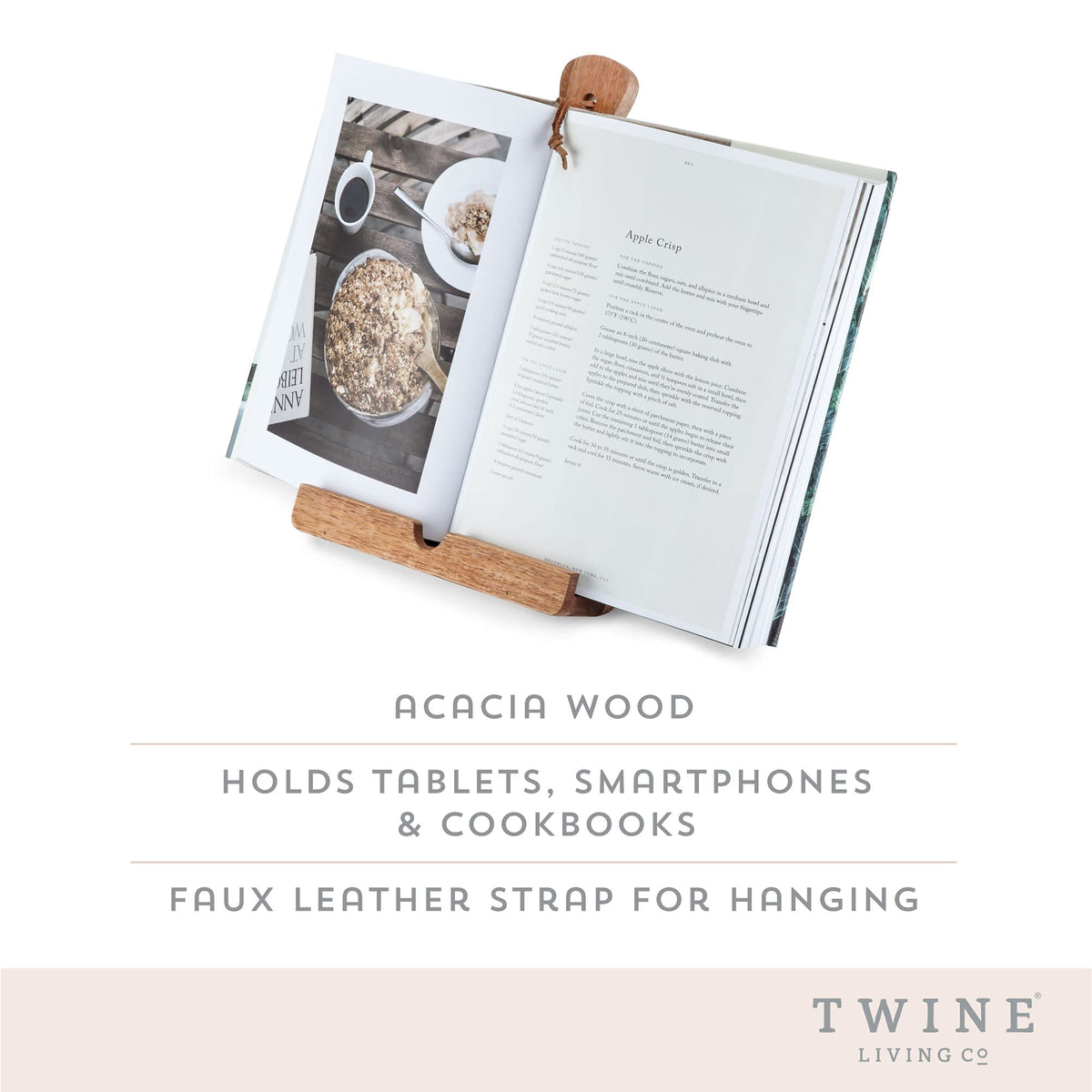 Twine tablet stand with cutting-board base keeps tablets safe during prep.