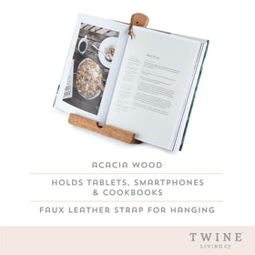 Twine tablet stand with cutting-board base keeps tablets safe during prep.