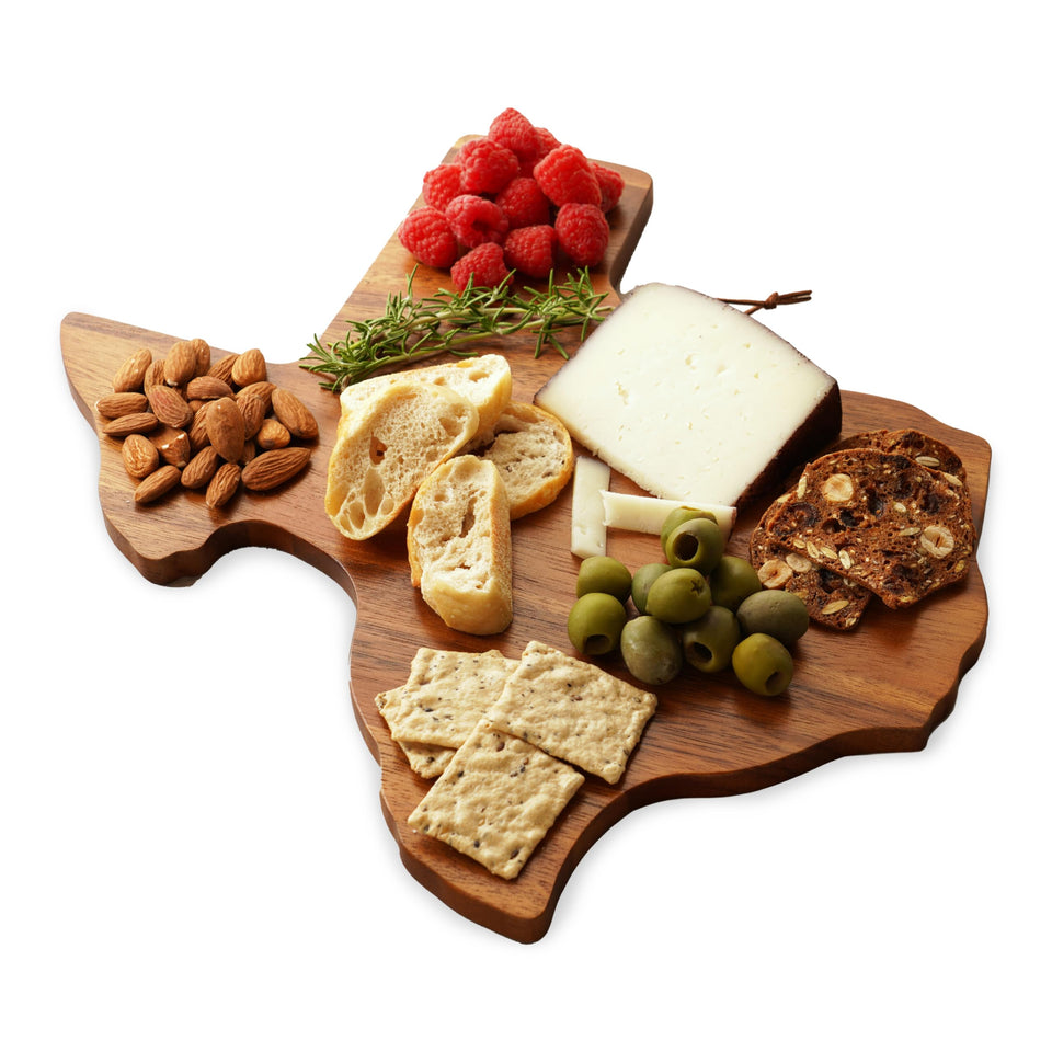 Twine Texas-shaped acacia cheese board showcases Texas pride for stylish entertaining.