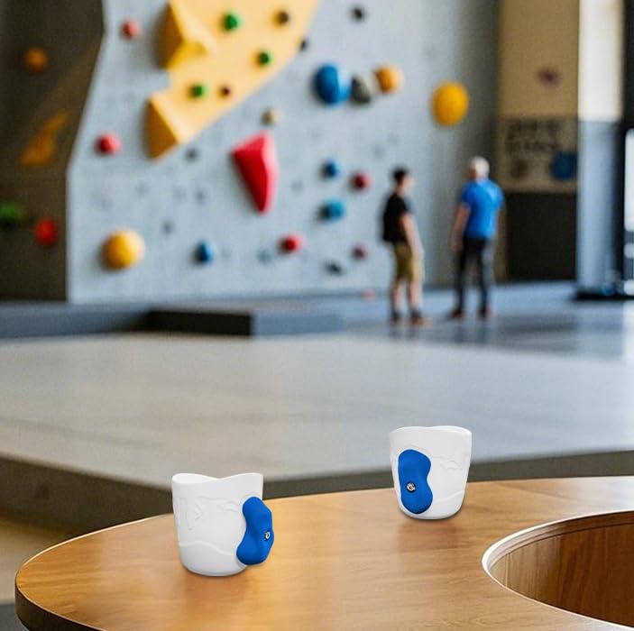 Two Stones white and blue mug fits climber desk or kitchen setups.