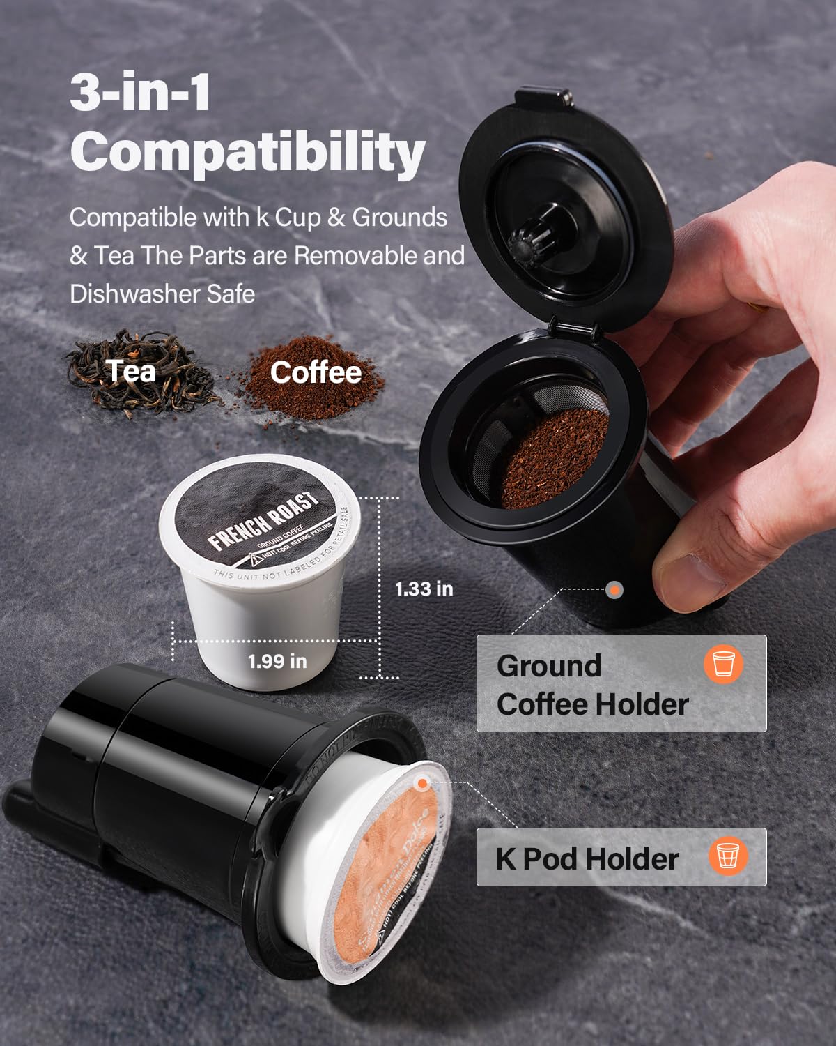 TWOMEOW 3-in-1 compatibility with K-pods, ground coffee, and tea.