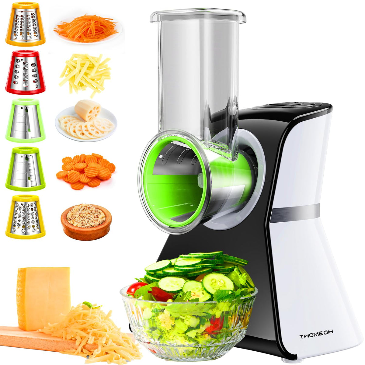 TWOMEOW cone assembly enables versatile shredding and slicing.