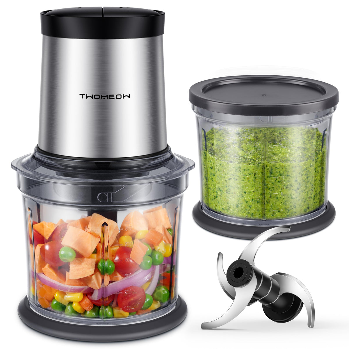 TWOMEOW food processor with dual bowls for separate chopping tasks