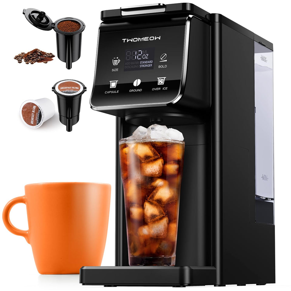 TWOMEOW K-Cup coffee maker brews hot or iced coffee quickly.