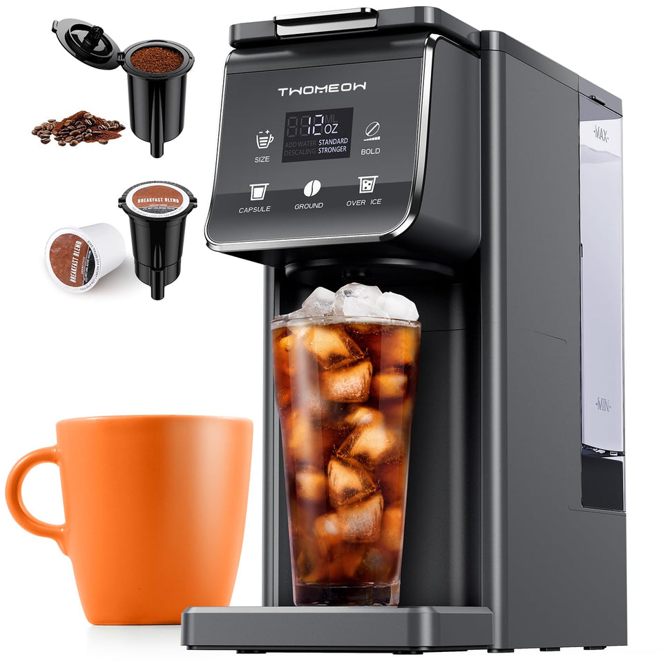 TWOMEOW K Cup coffee maker front view showing compact design for small spaces.