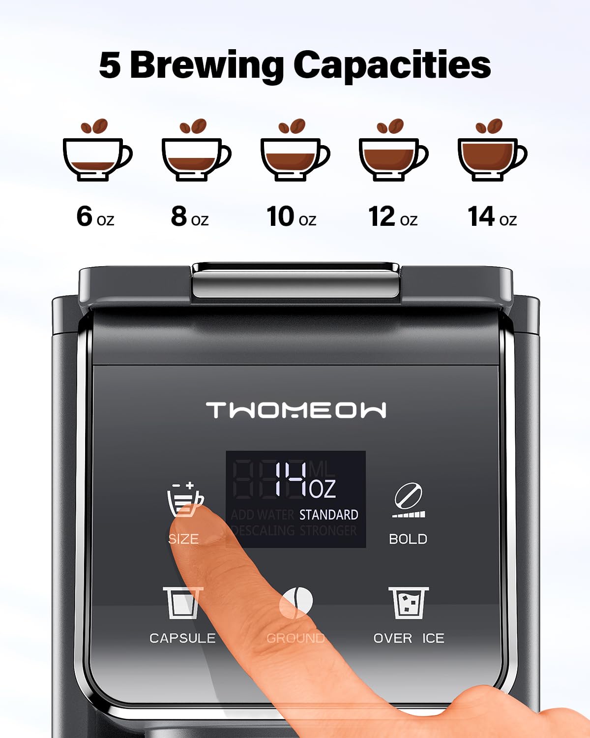 TWOMEOW coffee maker fits travel mugs up to 6.8 inches for flexible drinking.