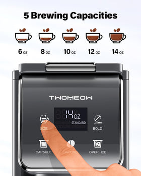 TWOMEOW coffee maker fits travel mugs up to 6.8 inches for flexible drinking.