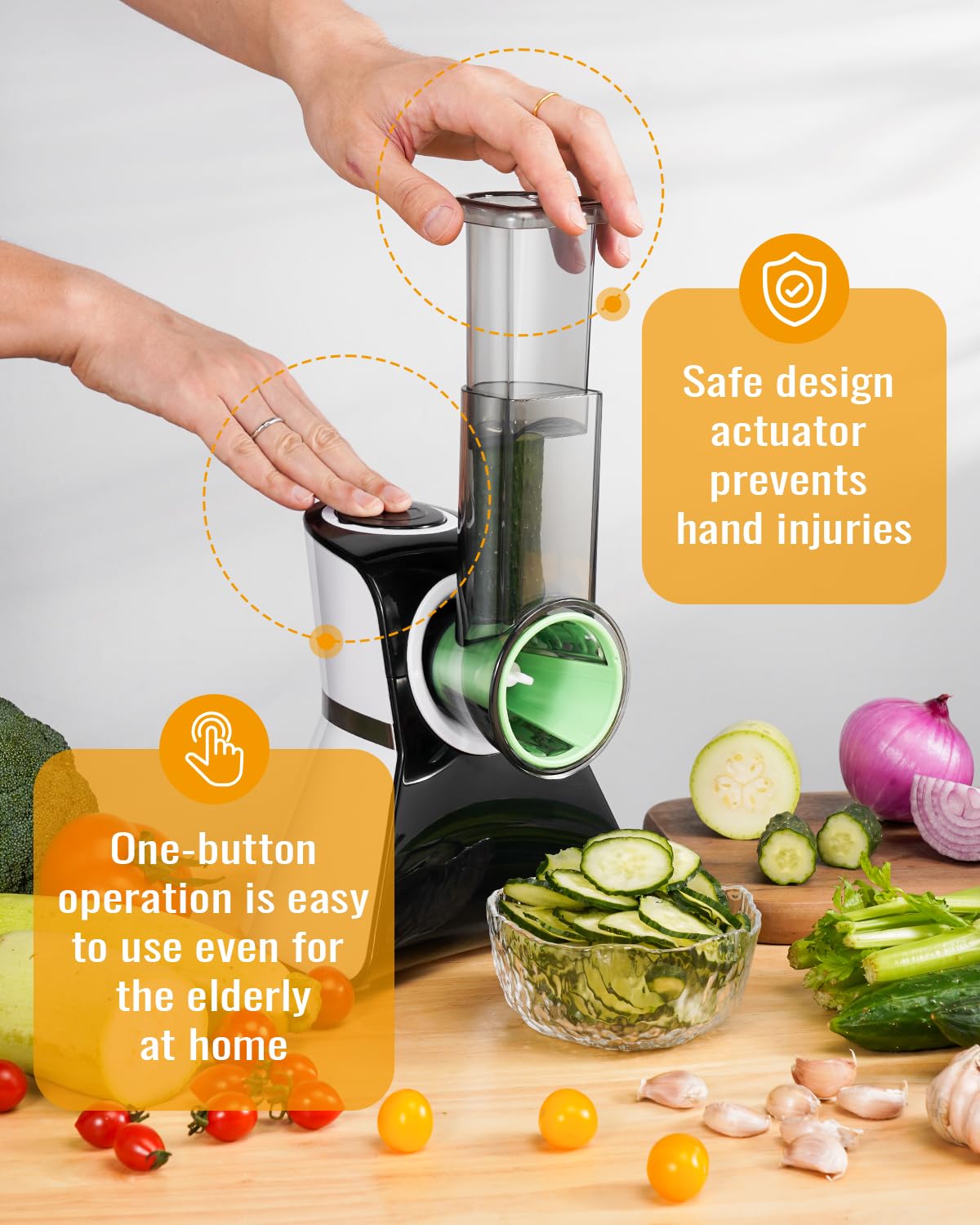 TWOMEOW large-feed-tube speeds food prep.