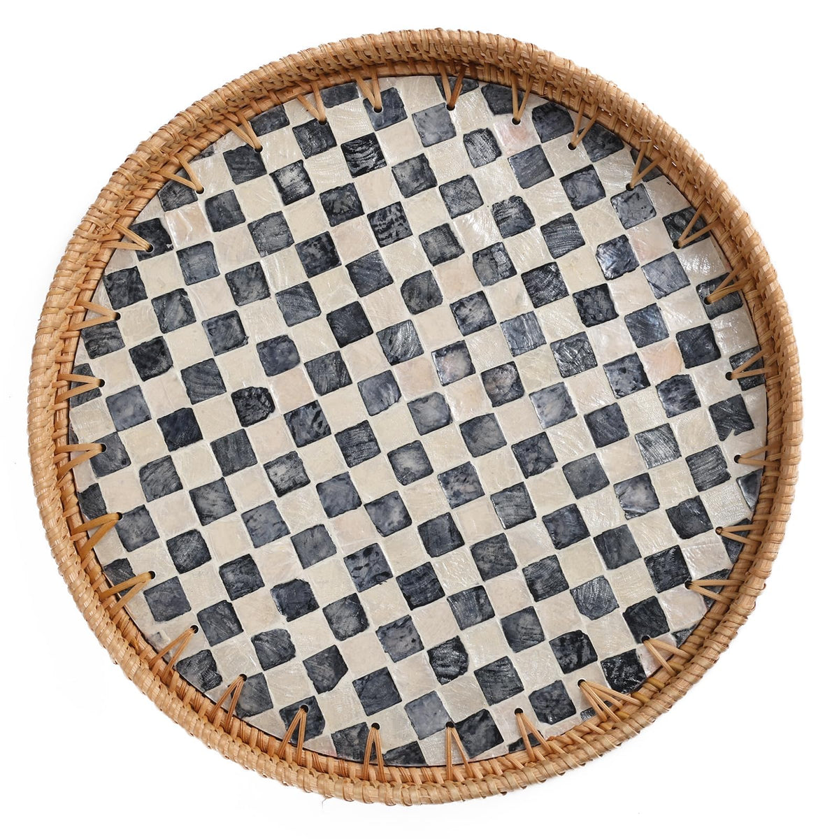 Tynulox round rattan tray with mother-of-pearl inlay, elegant storage.