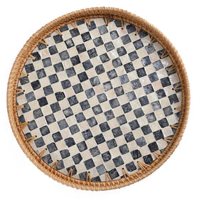 Tynulox round rattan tray with mother-of-pearl inlay, elegant storage.