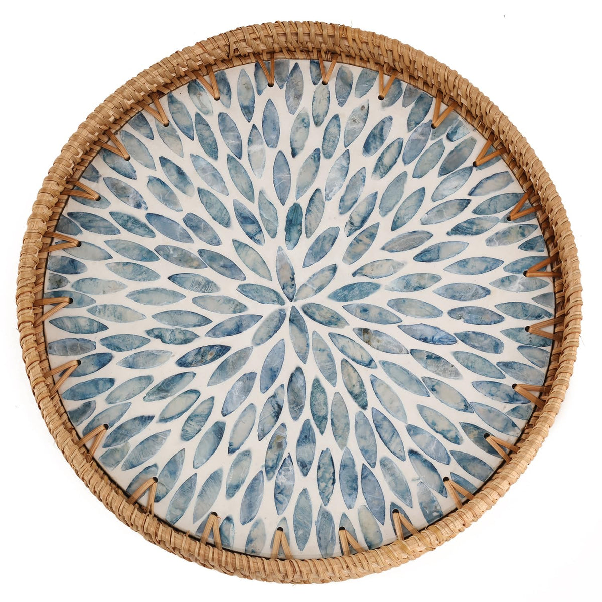 Tynulox round rattan tray with mother of pearl inlay for elegant display.