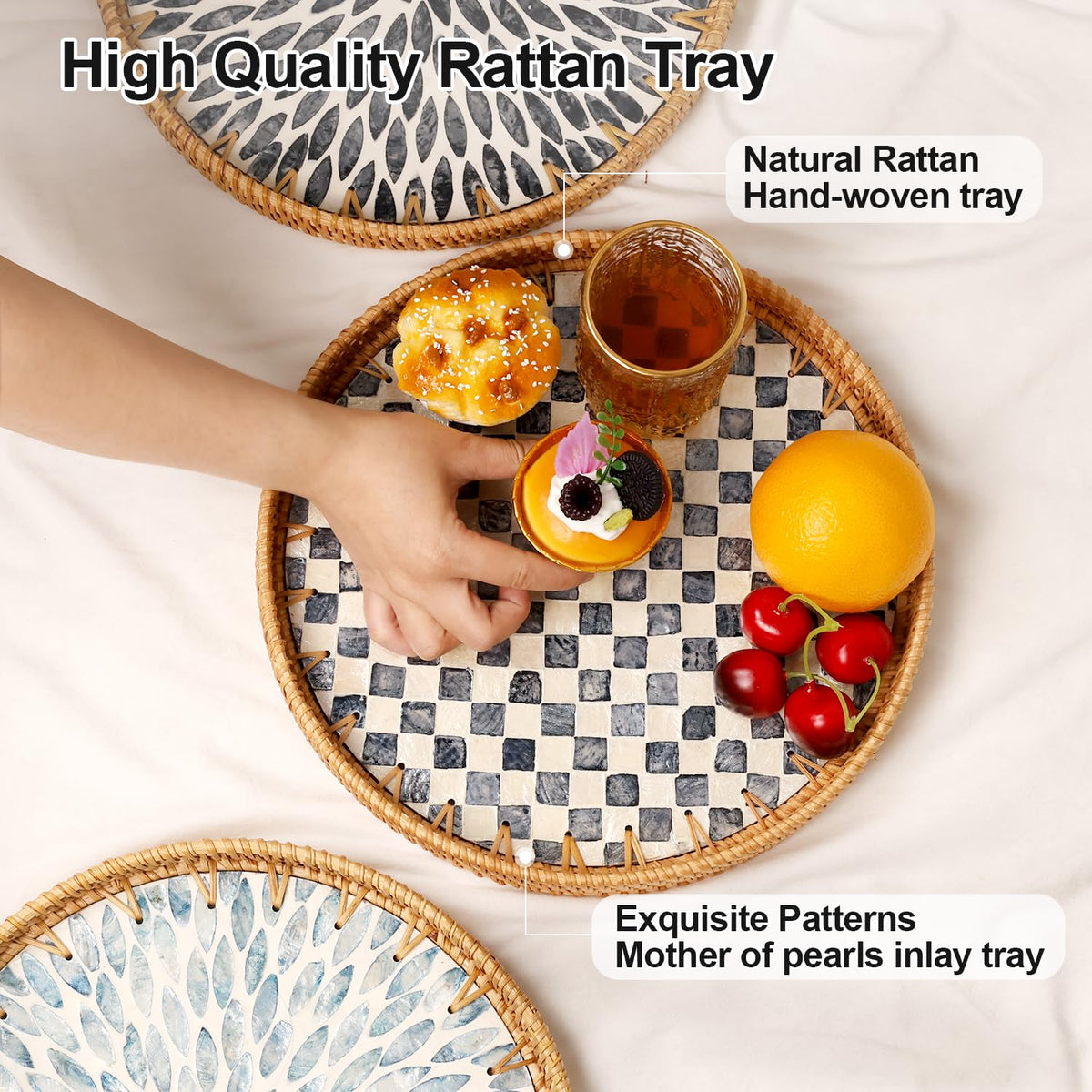 Tynulox tray on kitchen island displaying fruit and snacks neatly.