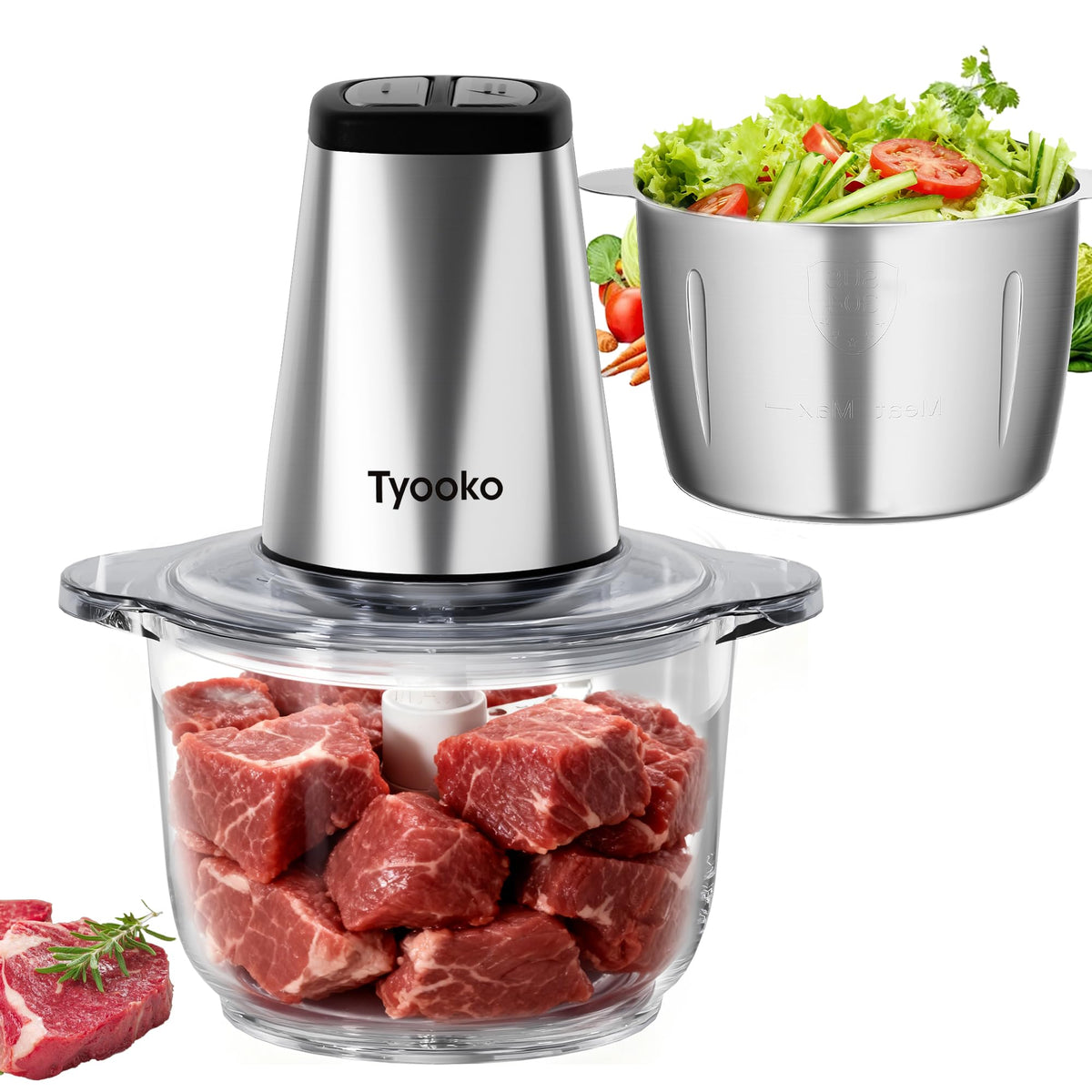 Tyooko electric food processor with two stainless steel bowls for versatile prep