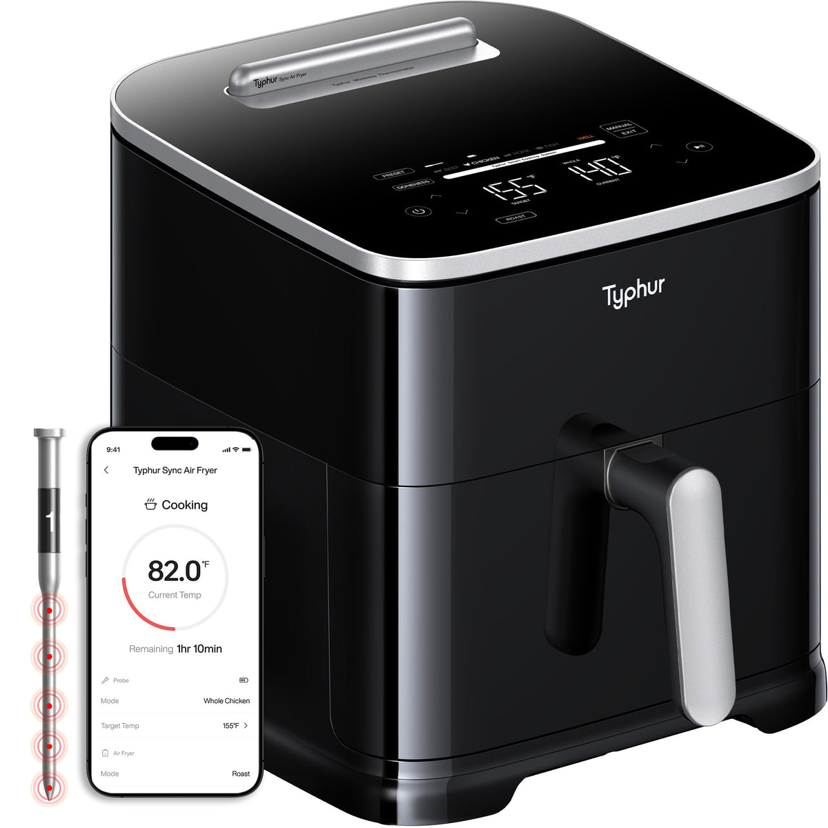 Typhur Sync 8QT front panel display showing real-time temp for precise cooking