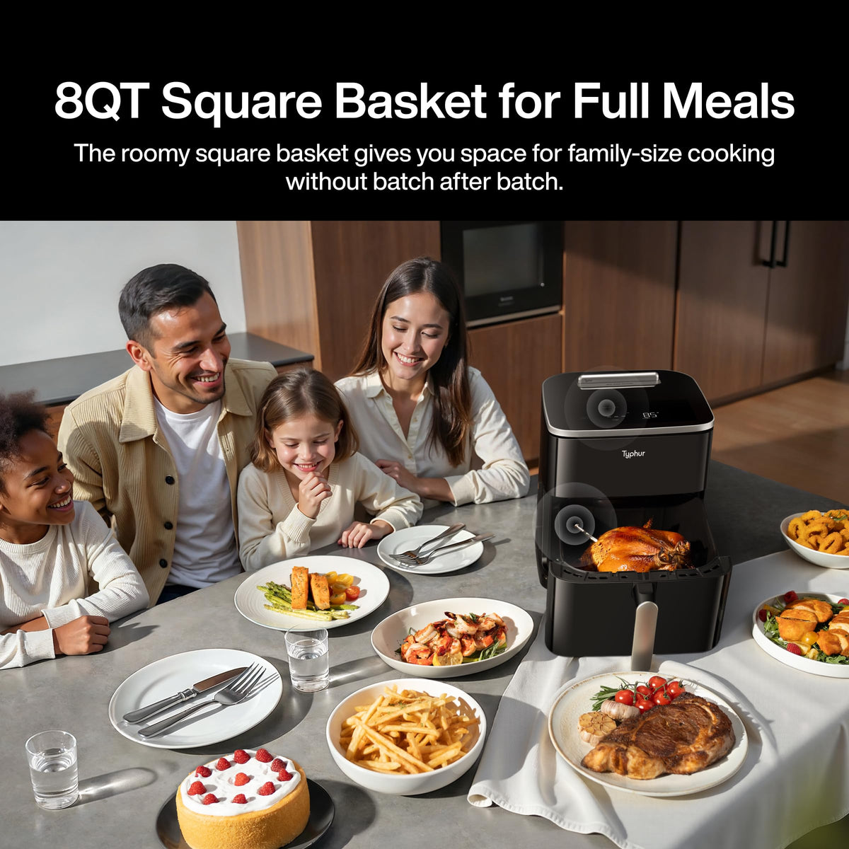 Typhur Sync 8QT whisper-quiet operation in a busy kitchen