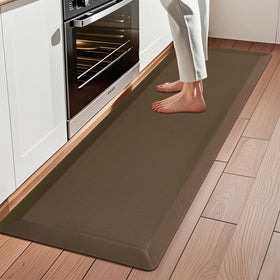Tyrot anti-fatigue kitchen mat 20x48 in brown offers cushioned comfort for long cooking tasks.